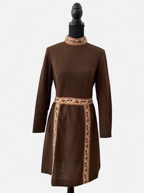 Vintage 60s I Magnin Mod Long Sleeve Dress Scandi Ribbon Trim Chocolate Brown M